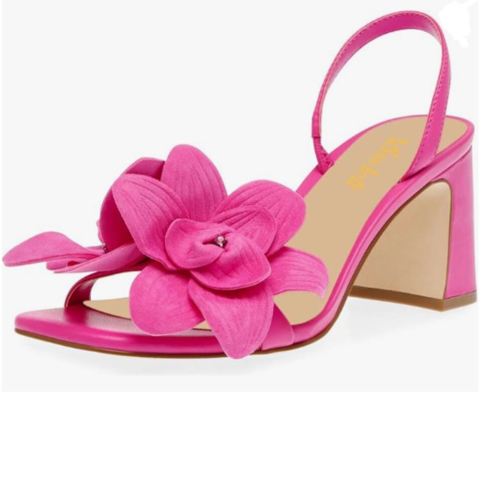 miss left Fuchsia Rhinestones Chunky Heel Slingback Oversized Flowers Sandals